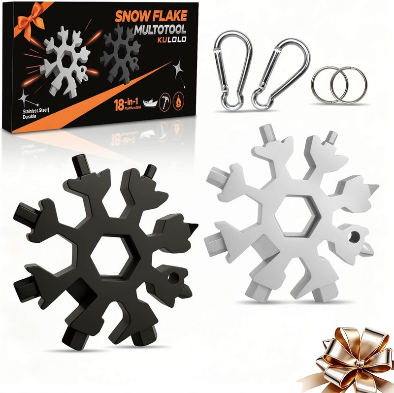 KULOLO Snowflake Multi Tool 2 Pack - Stainless Steel 18 in 1 Multitool with Carabiner,Bottle Opener & Wrench,Stocking Stuffers for Men,White Elephant Gifts, Christmas Gifts for Him(Silver + Black) - Image 1